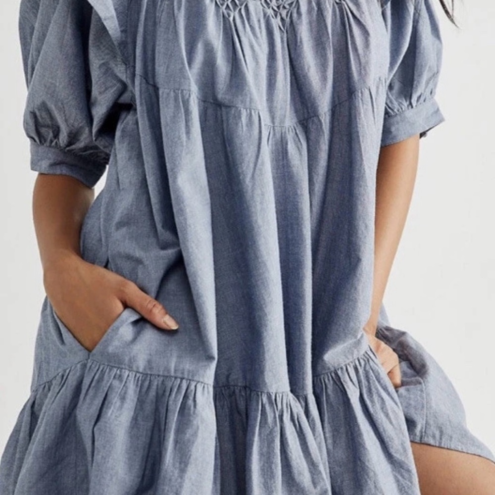 Free People Amelie Denim Chambray Mini Baby Doll Ruffle Dress Boho XS - Picture 3 of 11